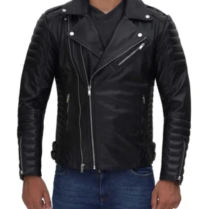 Mens Biker Style Asymmetrical Real Black Leather Jacket For Mens