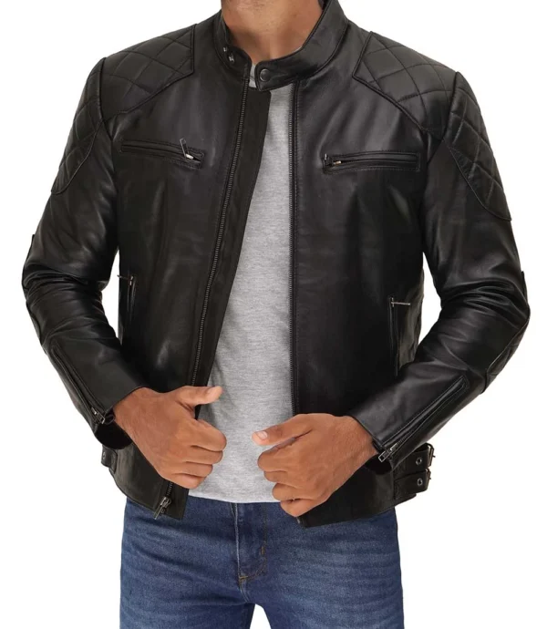 Cafe Racer Leather Jacket, Men's Black Cafe Racer Leather Jacket Premium Stylish Multi-Pockets