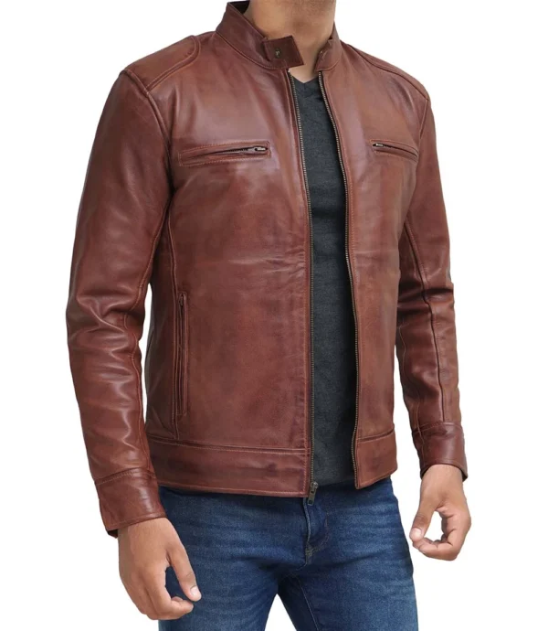 Mens Cafe Racer Leather Jacket Brown
