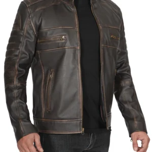 Dark Brown Distressed Mens Cafe Racer Real Leather Jacket