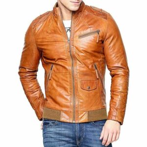 Men Tan Brown Real Lambskin Leather Motorcycle Slim fit Biker Bomber Jacket