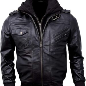 Black Bomber Genuine Leather Men's Jacket Hooded