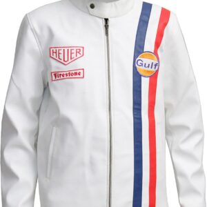 White Racing Genuine Leather Jacket for Mens