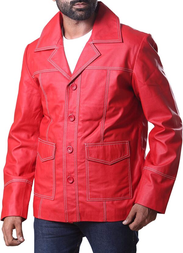 Brad Red Real Leather Jacket FC Shirt Collor Durden Coat Tyler Jacket - Image 3