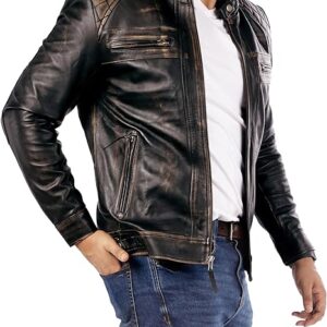 Mens Lambskin Leather Jacket Men - Men's Casual Style Café Racer Real Leather Quilted Style Motorcycle Jacket