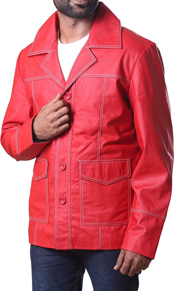Brad Red Real Leather Jacket FC Shirt Collor Durden Coat Tyler Jacket - Image 4