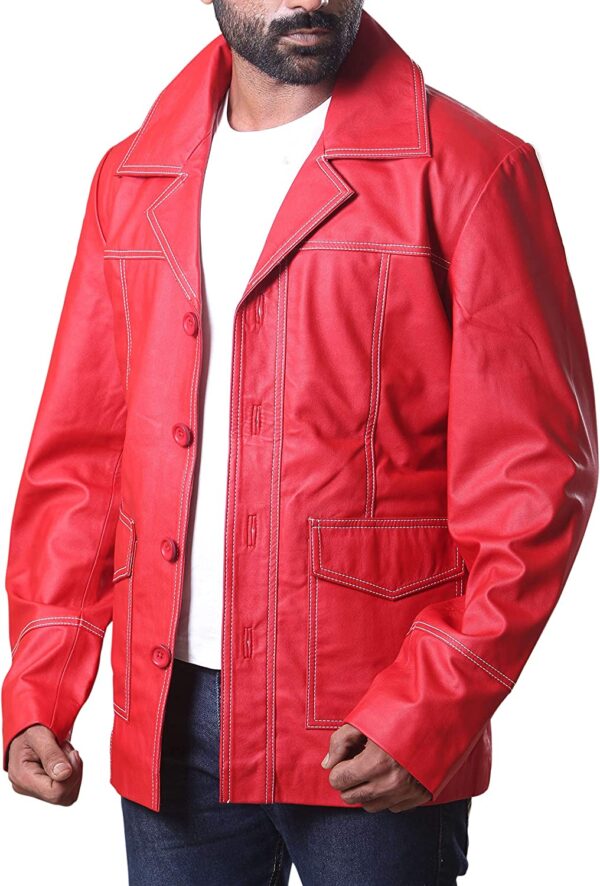 Brad Red Real Leather Jacket FC Shirt Collor Durden Coat Tyler Jacket - Image 5