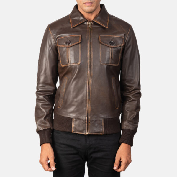 Mens Brown Leather Bomber Jacket - Image 5
