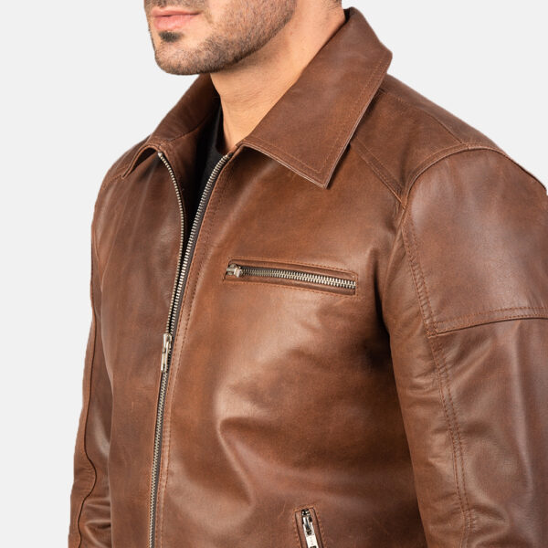 Mens Brown Leather Biker Bomber Jacket - Image 5