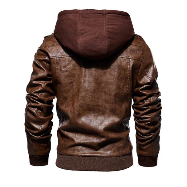 Men's Slim Fit Bomber Hoodie Brown Biker Leather Jacket - Image 2