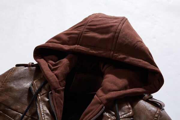 Men's Slim Fit Bomber Hoodie Brown Biker Leather Jacket - Image 4