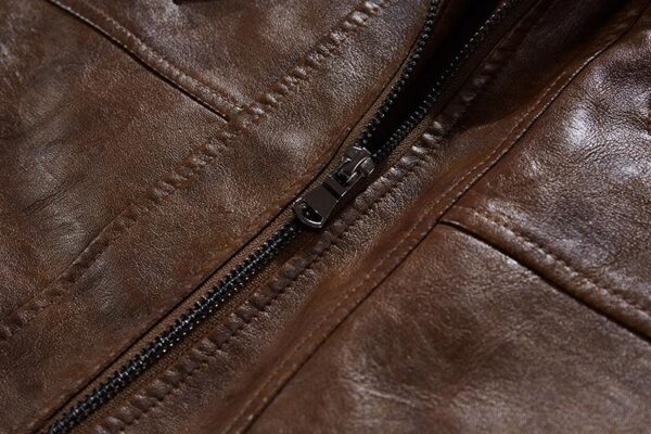 Men's Slim Fit Bomber Hoodie Brown Biker Leather Jacket - Image 3