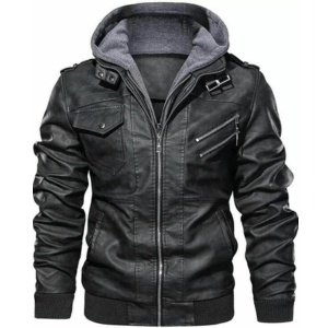 Hood Crew Men’s Casual Stand Collar Real Leather Bomber Jacket With a Removable Hood