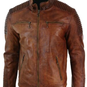 Men's Distressed Brown Cafe Racer Quilted Shoulder Motorcycle Brown Biker Leather Jacket