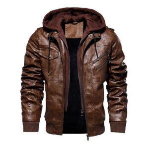 Men's Slim Fit Bomber Hoodie Brown Biker Leather Jacket