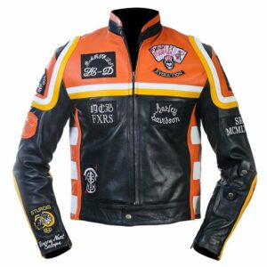 Men's Cafe Racer Mickey Rourke Harley Davidson & The Marlboro Man Motorcycle Leather Jacket in Black & Orange
