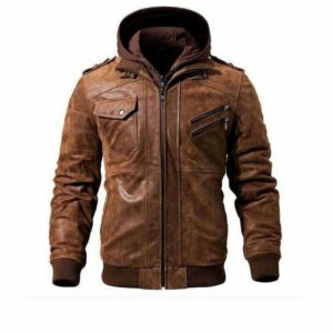 USA BROWN LEATHER MOTORCYCLE & BIKER JACKET FOR MEN WITH REMOVABLE HOOD